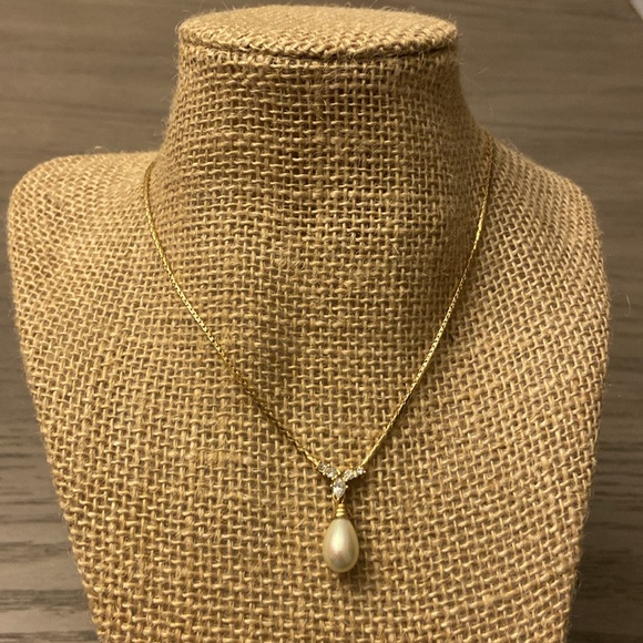 Vintage Dior Gold Tone Rhinestone Pearl Drop Necklace - Picture 1 of 11